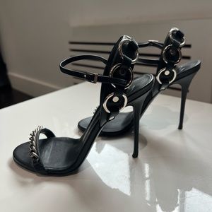 Giuseppe Zanotti Design Black Leather Heel with Silver Chain Details SIZE 7